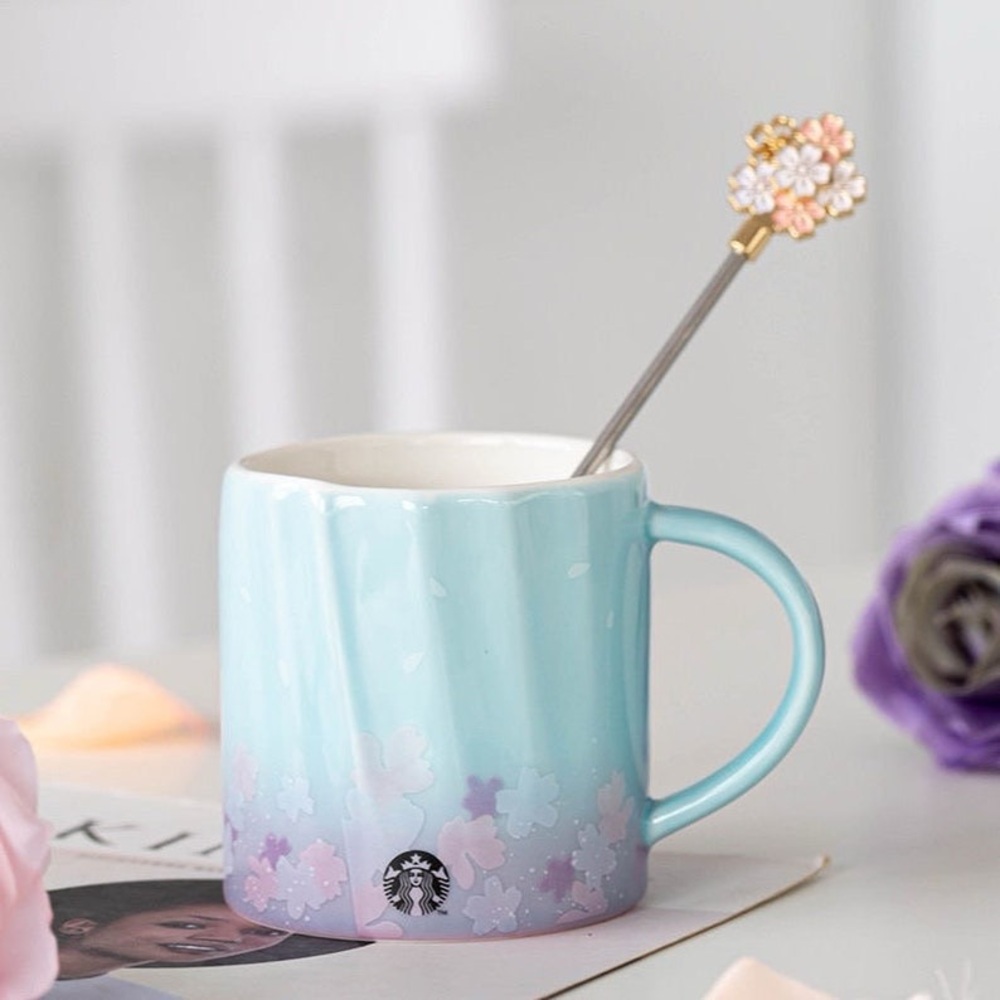 Starbucks 2022 Spring Season Romantic Flower Blue 12oz Mug Coffee Cup w/ stirrer